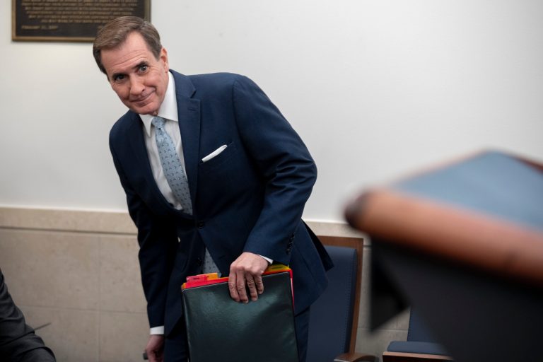 National Security Council spokesman John Kirby arrives at a press briefing at the White House, Monday, Nov. 20, 2023, in Washington.