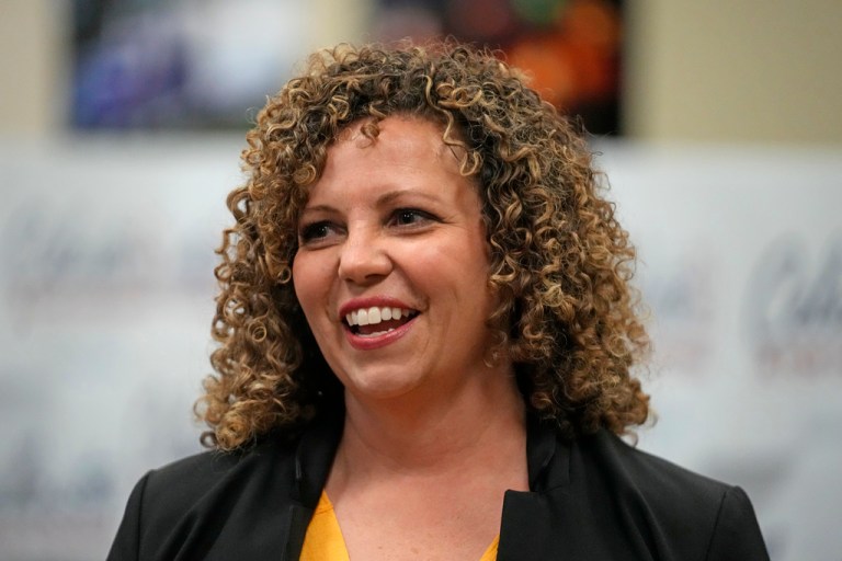 Celeste Maloy speaks to reporters before an election night party at the Utah Trucking Association, Tuesday, Nov. 21, 2023, in West Valley City, Utah.
