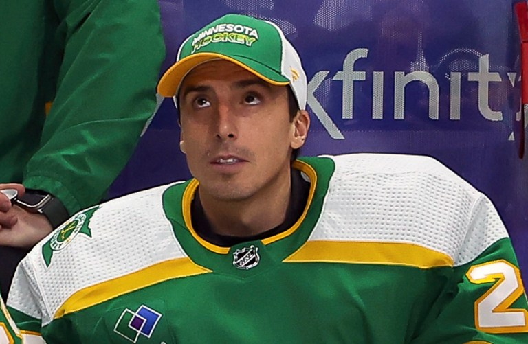Minnesota Wild goaltender Marc-Andre Fleury (29) looks on from the bench during the third period of an NHL hockey game against the Colorado Avalanche, Friday, Nov. 24, 2023, in St. Paul, Minn. 