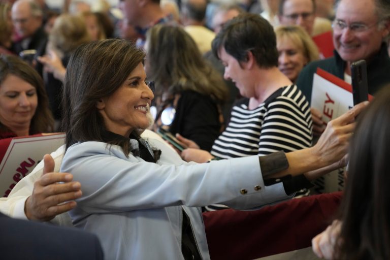 GOP presidential hopeful Nikki Haley takes selfies with supporters after a campaign event on Monday, Nov. 27, 2023, in Bluffton, South Carolina.