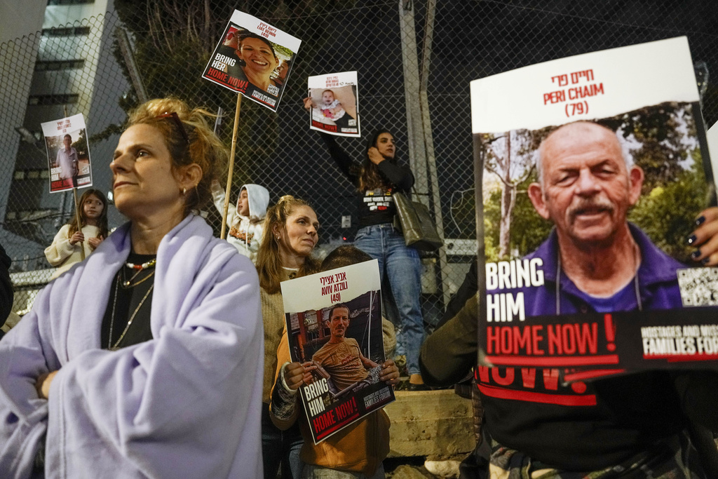 Israeli protesters in Tel Aviv call for the release of the hostages held in the Gaza Strip by Hamas on Tuesday.