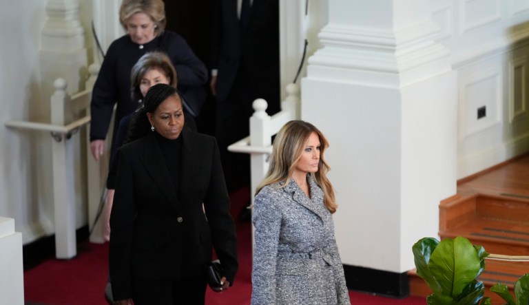 Former first ladies Melania Trump, Michelle Obama, Laura Bush, and Hillary Clinton arrive to attend a tribute service for former first lady Rosalynn Carter on Tuesday, Nov. 28, 2023, at Glenn Memorial United Methodist Church in Atlanta.