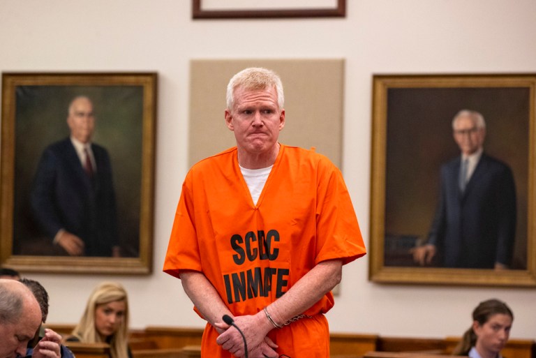 Alex Murdaugh reacts as he addresses the court during his sentencing for stealing from 18 clients, Tuesday, Nov. 28, 2023, at the Beaufort County Courthouse in Beaufort, South Carolina.