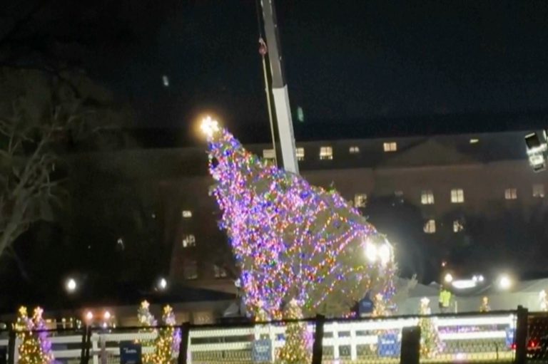 In this image made from video, the National Christmas Tree hangs from a crane in front of the White House as a crew works to lift it back up after it fell on Tuesday, Nov. 28, 2023, amid high winter winds.
