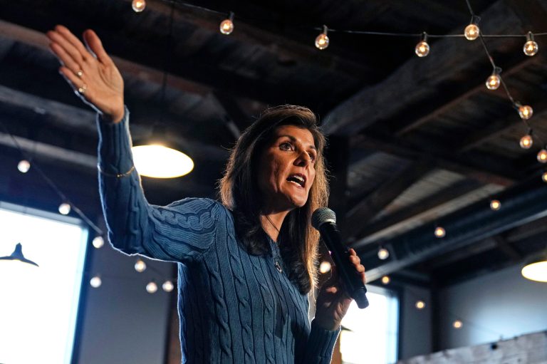 Republican presidential candidate former U.S. Ambassador to the United Nations Nikki Haley addresses a gathering during a campaign stop at a brewery, Wednesday, Nov. 29, 2023, in Meredith, New Hampshire. 