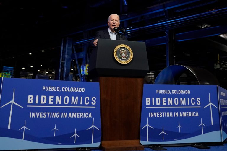 President Joe Biden speaks about investing in clean energy manufacturing at CS Wind, the largest wind tower manufacturer in the world, on Wednesday, Nov. 29, 2023, in Pueblo, Colorado.