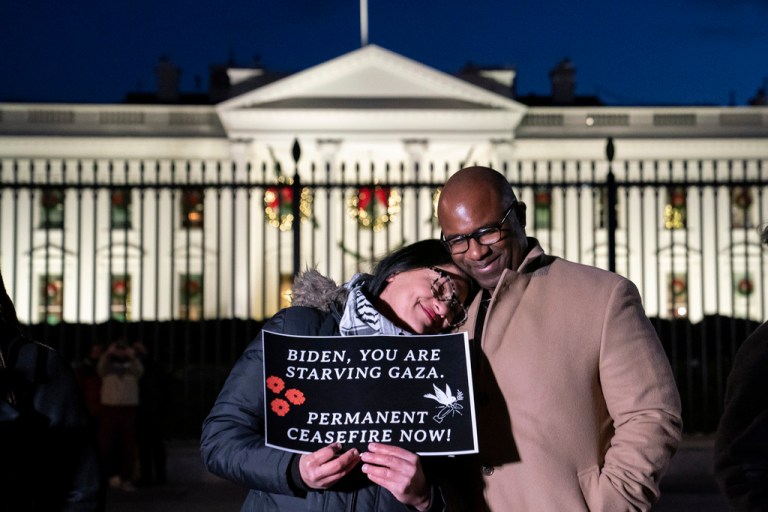 Rep. Rashida Tlaib (D-MI), left, and Rep. Jamaal Bowman (D-NY) embrace during a vigil alongside state legislators and faith leaders on hunger strike outside the White House, Wednesday, Nov. 29, 2023.