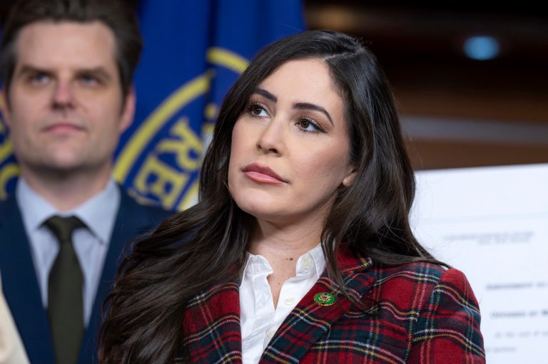 Rep. Anna Paulina Luna (R-FL), joined at left by Rep. Matt Gaetz (R-FL), speaks to reporters on Thursday, Nov. 30, 2023, at the Capitol in Washington.