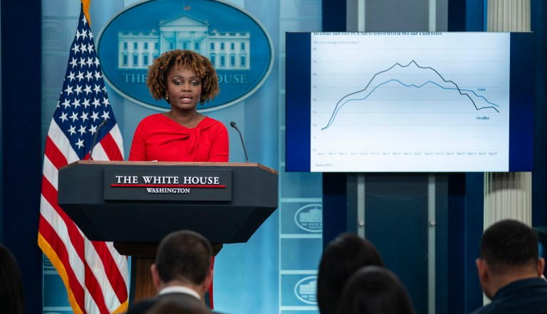 White House press secretary Karine Jean-Pierre speaks during a press briefing at the White House.