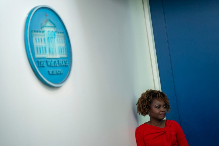 White House press secretary Karine Jean-Pierre listens as National Security Council spokesman John Kirby speaks during a press briefing at the White House on Thursday, Nov. 30, 2023, in Washington.