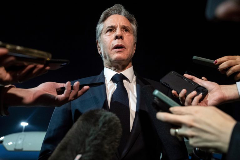 U.S. Secretary of State Antony Blinken speaks to the media prior to departure from Al Maktoum International Airport in Dubai, United Arab Emirates, Friday, Dec. 1, 2023. The United States remains 