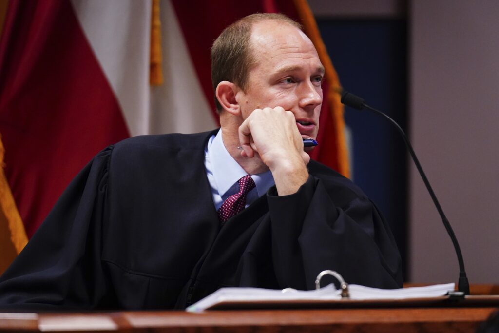 Judge Scott McAfee during a hearing in Superior Court of Fulton County as part of the Georgia election indictments on Friday, Dec. 1, 2023 in Atlanta.