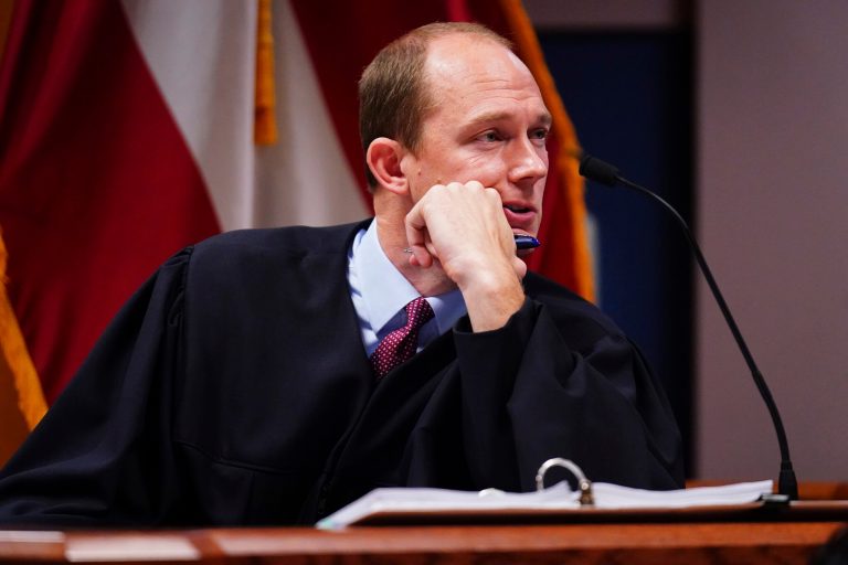 Judge Scott McAfee during a hearing in Superior Court of Fulton County as part of the Georgia election indictments on Friday, Dec. 1, 2023 in Atlanta.