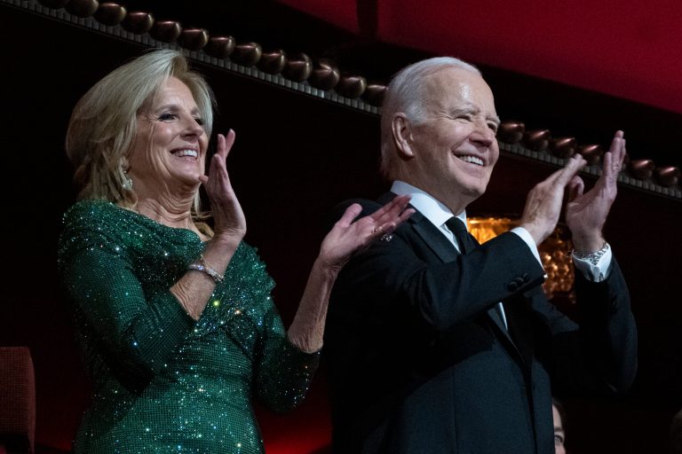 President Joe Biden and first lady Jill Biden applaud during the 46th Kennedy Center Honors at the John F. Kennedy Center for the Performing Arts in Washington, Sunday, Dec. 3, 2023.