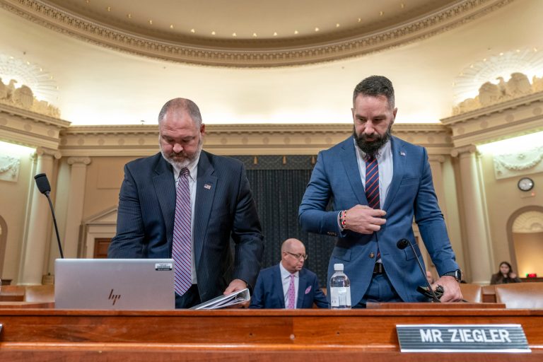 IRS Supervisory Special Agent Gary Shapley, left, and Joseph Ziegler, an IRS agent, arrive to testify on the Hunter Biden investigation during a House Ways and Means Committee hearing, Tuesday, Dec. 5, 2023, on Capitol Hill in Washington. 