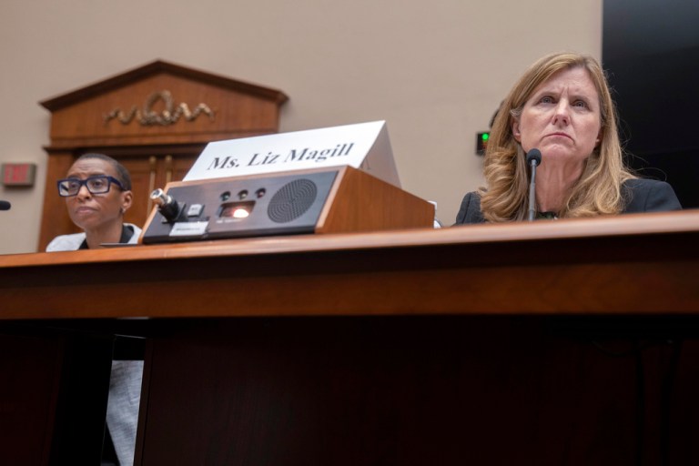 Harvard President Claudine Gay, left, and University of Pennsylvania President Liz Magill listen during a hearing of the House Committee on Education on Tuesday, Dec. 5, 2023, on Capitol Hill in Washington.