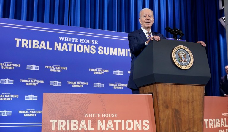 FILE - President Joe Biden speaks on Nov. 30, 2022, at the White House Tribal Nations Summit at the Department of the Interior in Washington. Biden will sign an executive order during a 2023 tribal nations summit that aims to make it easier for Native Americans to access federal funding and have greater autonomy over how to invest those funds.