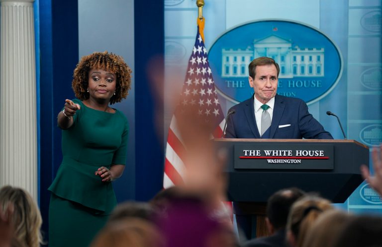 White House press secretary Karine Jean-Pierre calls on reporters for questions as National Security Council spokesman John Kirby looks on during a press briefing at the White House, Wednesday, Dec. 6, 2023, in Washington.