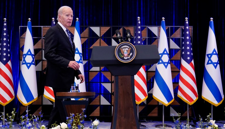 President Joe Biden walks to the podium to deliver remarks on the war between Israel and Hamas after meeting Israeli Prime Minister Benjamin Netanyahu, Wednesday, Oct. 18, 2023, in Tel Aviv.