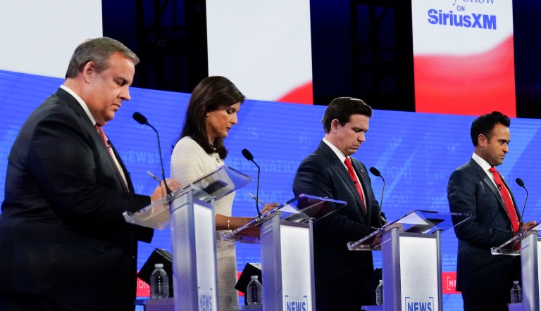 Republican presidential candidates from left, former New Jersey Gov. Chris Christie, former U.N. Ambassador Nikki Haley, Gov. Ron DeSantis (R-FL), and businessman Vivek Ramaswamy during a Republican presidential primary debate hosted by NewsNation on Wednesday, Dec. 6, 2023, at the Moody Music Hall at the University of Alabama in Tuscaloosa.