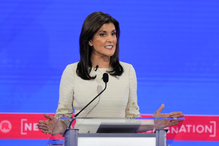 Republican presidential candidate former U.N. Ambassador Nikki Haley speaking during a Republican presidential primary debate hosted by NewsNation on Wednesday, Dec. 6, 2023, at the Moody Music Hall at the University of Alabama in Tuscaloosa, Alabama.