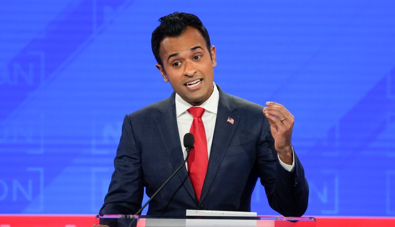 Republican presidential candidate Vivek Ramaswamy gestures during a Republican presidential primary debate hosted by NewsNation on Wednesday, Dec. 6, 2023, at the Moody Music Hall at the University of Alabama in Tuscaloosa, Alabama.