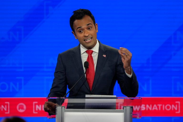 Republican presidential candidate businessman Vivek Ramaswamy speaks during a Republican presidential primary debate hosted by NewsNation on Wednesday, Dec. 6, 2023, at the Moody Music Hall at the University of Alabama in Tuscaloosa, Alabama. 