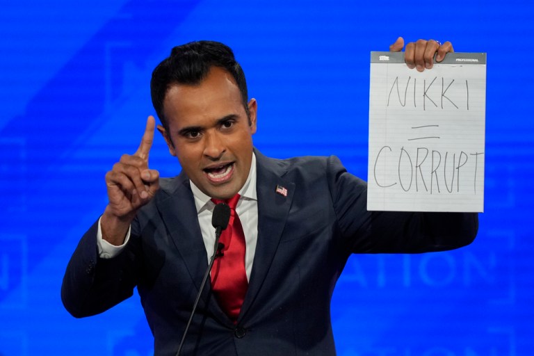 Republican presidential candidate businessman Vivek Ramaswamy speaks during a Republican presidential primary debate hosted by NewsNation on Wednesday, Dec. 6, 2023, at the Moody Music Hall at the University of Alabama in Tuscaloosa.