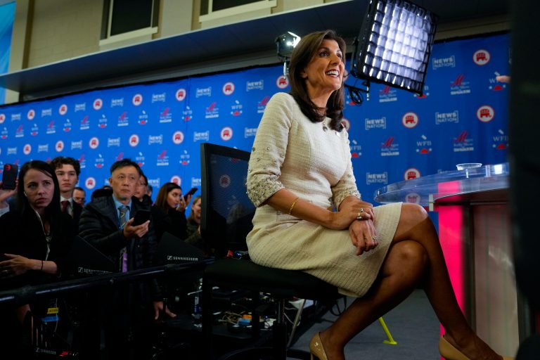 Republican presidential candidate former U.N. Ambassador Nikki Haley answering questions in the Spin Room after the Republican presidential primary debate hosted by NewsNation on Wednesday, Dec. 6, 2023, at the Moody Music Hall at the University of Alabama in Tuscaloosa, Ala. 