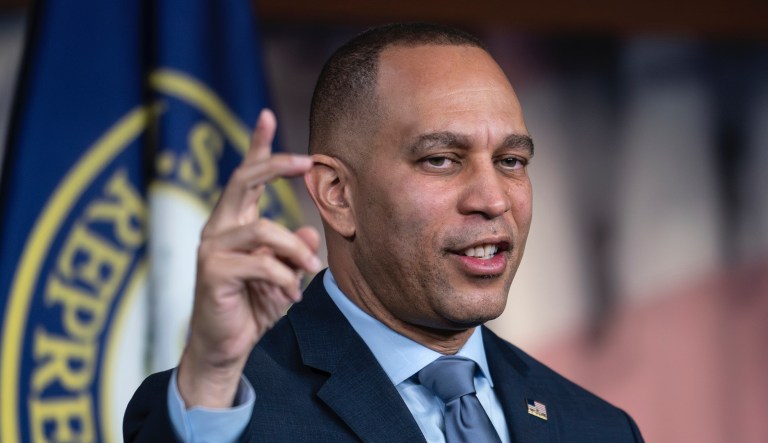 House Minority Leader Hakeem Jeffries (D-NY) meets with reporters during a news conference at the Capitol in Washington, Thursday, Dec. 7, 2023. The Democratic leader criticized today's Republican censure of Rep. Jamaal Bowman (R-NY) who triggered a fire alarm last September in one of the U.S. Capitol office buildings when the chamber was in session.