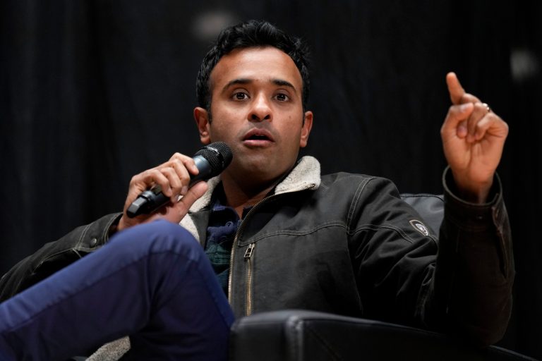 Vivek Ramaswamy speaks during the Faith and Family with the Feenstras event, Dec. 9, 2023, in Sioux Center, Iowa. 