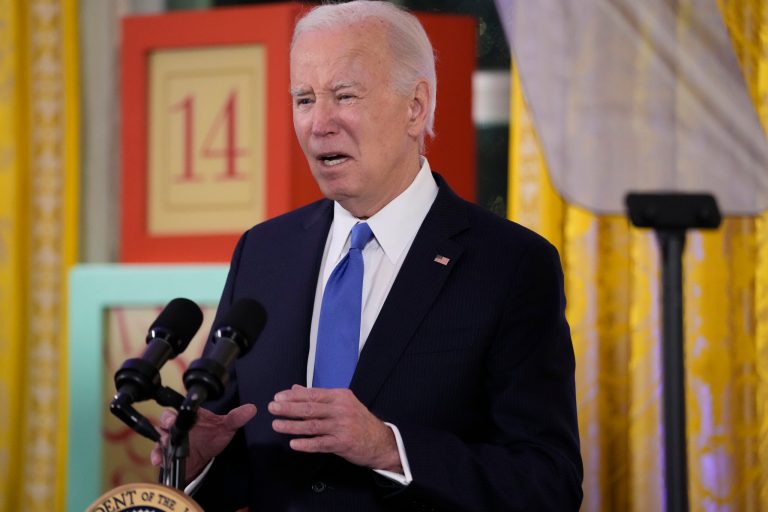 President Joe Biden speaks at a Hanukkah reception in the East Room of the White House in Washington, Monday, Dec. 11, 2023. 