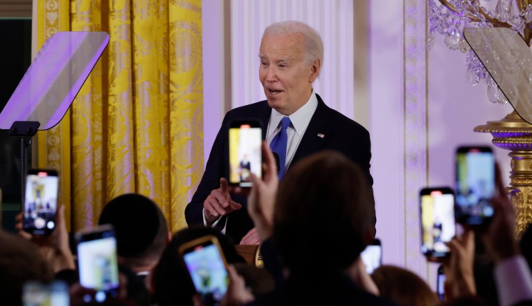 President Joe Biden speaks during a Hanukkah reception in the East Room of the White House in Washington, Monday, Dec. 11, 2023.