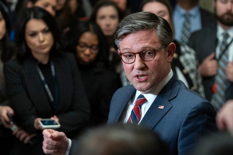Speaker of the House Rep. Mike Johnson (R-LA) talks to reporters after a meeting with Ukrainian President Volodymyr Zelensky in the U.S. Capitol, Tuesday, Dec. 12, 2023, in Washington.