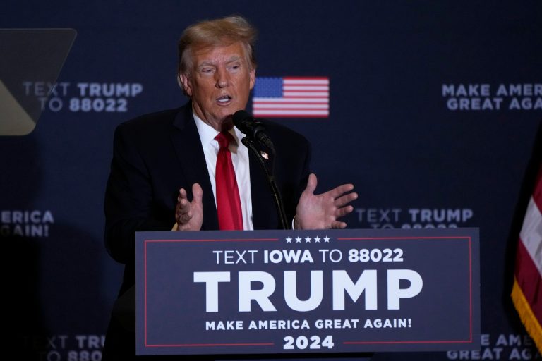 Former President Donald Trump speaks during a commit to caucus rally, Wednesday, Dec. 13, 2023, in Coralville, Iowa. 