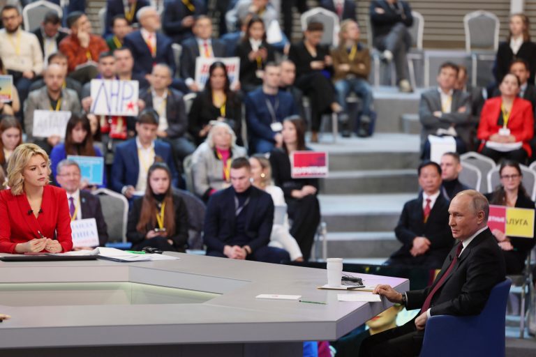Russian President Vladimir Putin speaks during his annual news conference in Moscow, Russia, Dec. 14, 2023.