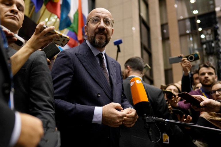 European Council President Charles Michel makes a statment to the media regarding opening accession negotiations with Ukraine and Moldova during an EU summit in Brussels, on Thursday, Dec. 14, 2023. 