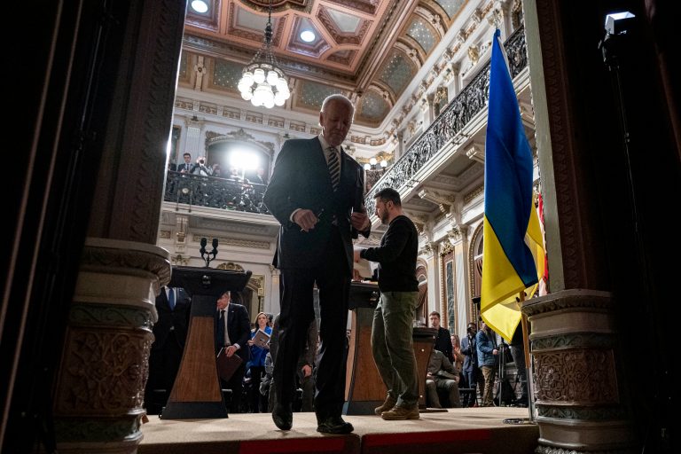 President Joe Biden and Ukrainian President Volodymyr Zelensky depart a news conference in the Indian Treaty Room in the Eisenhower Executive Office Building on the White House Campus, Tuesday, Dec. 12, 2023, in Washington.