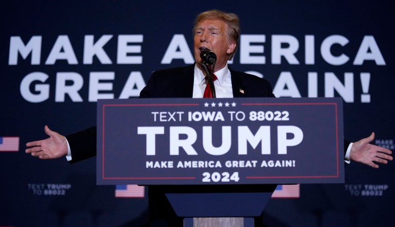 Former President Donald Trump speaks during a commit to caucus rally, Wednesday, Dec. 13, 2023, in Coralville, Iowa.