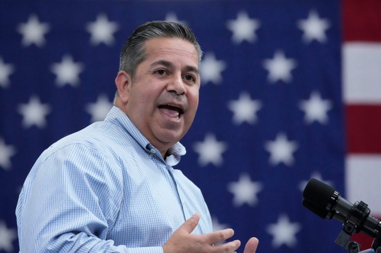 FILE - Sen. Ben Ray Lujan (D-NM) speaks at the Arcosa Wind Towers on Aug. 9, 2023, in Belen, New Mexico. LujÃ¡n, Sen. Bob Menendez (D-NJ), and Sen. Alex Padilla (D-CA) joined with the House Congressional Hispanic Caucus at a press conference in front of the Capitol, where they battered both Senate Republicans for demanding the border policy changes in exchange for passing Ukraine aid and President Joe Biden for making concessions that they warned would harm asylum-seekers and ultimately undermine the United States's standing as a country that welcomes immigrants.