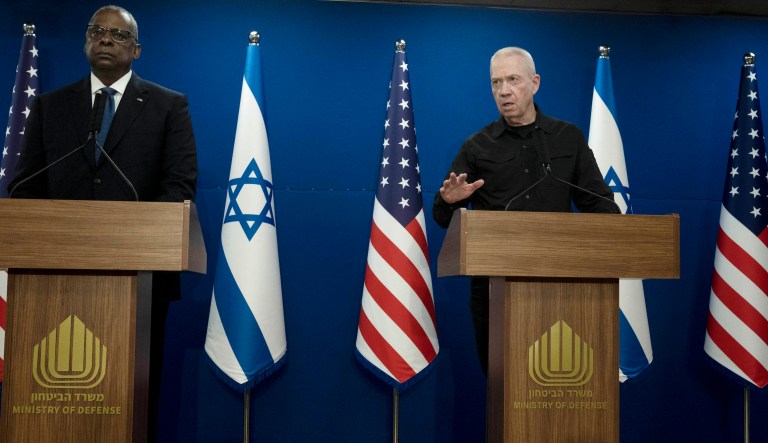 Israel Minister of Defense Yoav Gallant, right, speaks during a joint statement with his U.S. counterpart, Secretary of Defense Lloyd Austin, following a joint statement after their meeting about Israel's military operation in Gaza in Tel Aviv, Israel.