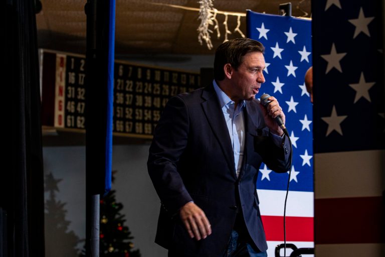Gov. Ron DeSantis (R-FL) takes the stage during a Meet and Greet at VFW Post 788 in Cedar Rapids, Iowa, on Tuesday, Dec. 19, 2023. 