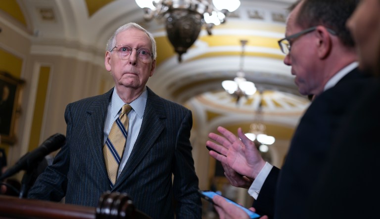 Senate Minority Leader Mitch McConnell (R-KY) meets with reporters as White House and Senate negotiators struggle behind the scenes to reach a U.S. border security deal that would unlock President Joe Biden's request for billions of dollars worth in military aid for Ukraine and national security, at the Capitol in Washington, Tuesday, Dec. 19, 2023. 