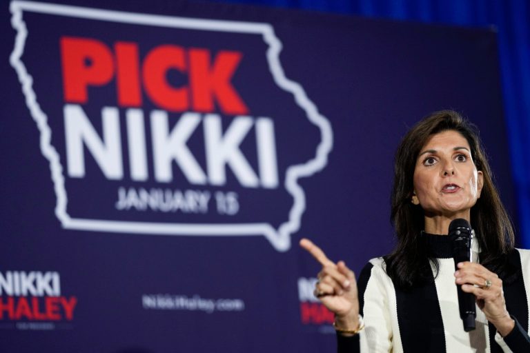 FILE - Republican presidential candidate Nikki Haley speaks during a town hall on Dec. 8, 2023, in Sioux City, Iowa.