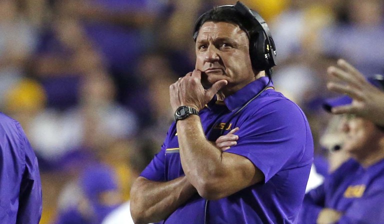 LSU interim head coach Ed Orgeron works the sideline in the second half of an NCAA college football game against Alabama in Baton Rouge, La., Saturday, Nov. 5, 2016. Alabama won 10-0.