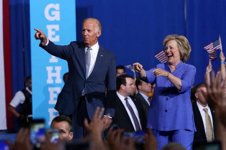 Democratic presidential candidate Hillary Clinton, right, and Vice President Joe Biden wave as they arrive at a campaign rally Monday, Aug. 15, 2016, in Scranton, Pa.