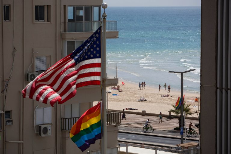 Flying the gay pride flag at U.S. embassies is OK again in the Biden administration. It is shown here at the former U.S. Embassy facility Tel Aviv, Israel in 2014.