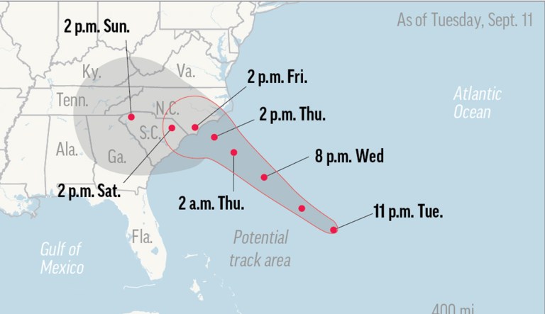 Map shows probable path of Hurricane Florence.