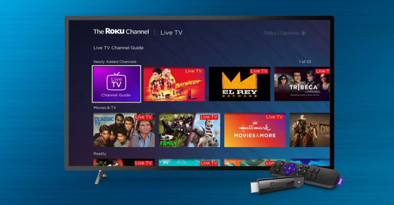 A television screen with features from Roku, a media streaming service, is seen.