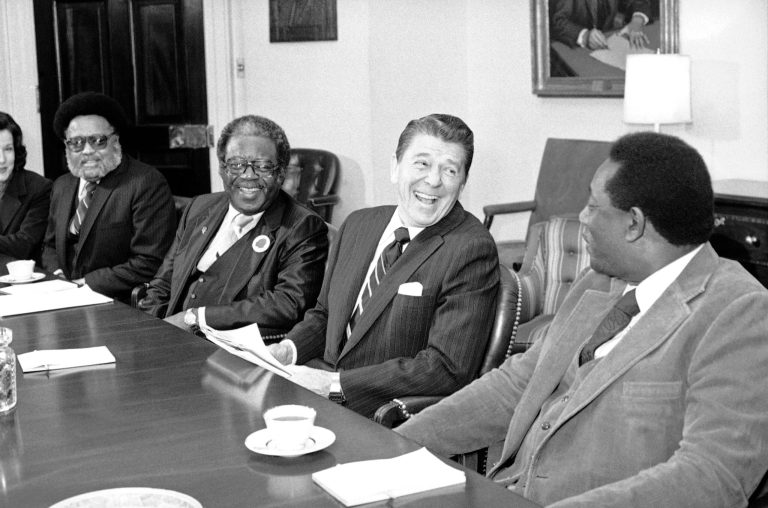 In the first days of his president, Ronald Reagan meets with black Leaders at the White House in Washington, Wednesday, Feb. 4, 1981. From left are: Hosea Williams; Dr. Ralph Abernathy; Reagan; and Mayor Charles Evers. Now CNN's Don Lemon said Reagan is to blame for racism.